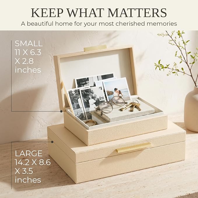 Decorative Storage Boxes with Lids - Set of 2 PU Leather Organizer Bins | Beautiful Bins for Your Bookshelf Home Decor - Safely Store Photos, Documents and Memory Box Keepsakes in Style - Image 3