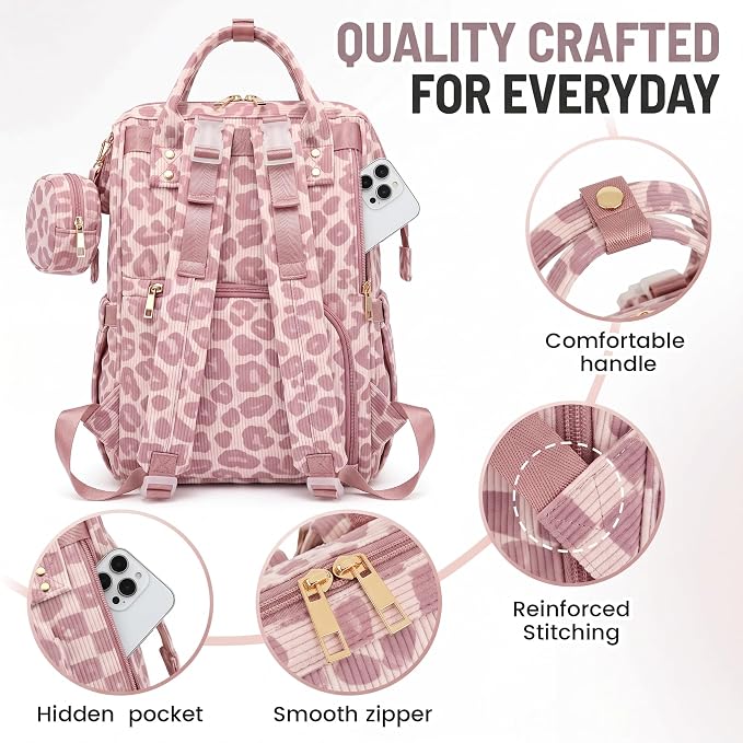 Baby Diaper Bag Backpacks for Mom Dad, Corduroy Large Capacity Multifunction Nappy Bag with Pacifier Case, Baby Travel Essentials Diaper Backpack for Boys Girls - Leopard Purple - Image 6