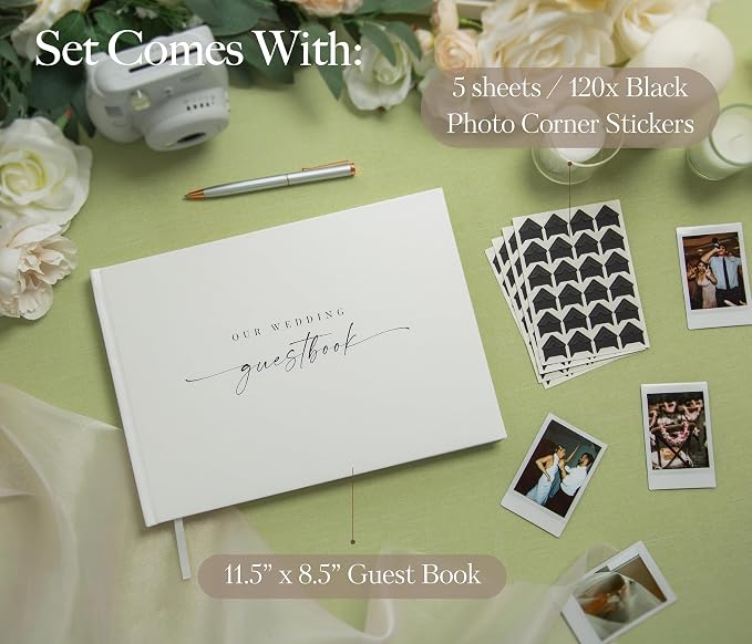 Wedding Photo Guest Book (Eggshell) - 11.5x8.5" White Reception Memory Book | Includes Black Photo Corner Stickers | 140 GSM Thick Paper | 120 Photo Slot & Lined Pages | Hardcover Photo Booth Album - Image 2