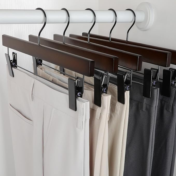 TOPIA HANGER Pants Hangers, Wooden Skirt Trouser Hangers with 2 Adjustable Metal Big Clips, Premium Retro Finish and 360°Swivel Black Hook, Jean Slacks Hangers for Closet, 20 Pack, CT03A20 - Image 2