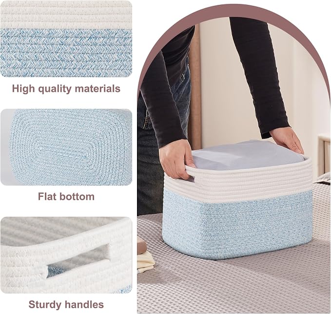 OIAHOMY 4 Pack Storage Basket, 13"x9"x7.8" Cotton Rope Baskets for Shelves, Closet Organizer for Bedroom & Living Room, Soft Decorative Bins for Organizing Towels, Books & Toys, Light Blue & White - Image 3