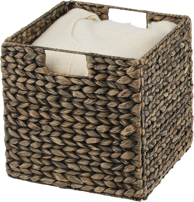 mDesign Natural Woven Hyacinth Cube Organizer Basket with Handles, Storage for Bathroom, Laundry Room Shelf or Nursery - Perfect for Cubby Storage Units - Hold Blankets and Books - 2 Pack, Black Wash - Image 7