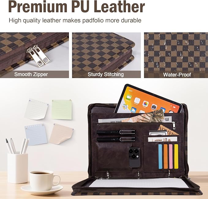 Calfinder Leather Portfolio Binder with Zipper, Brown Business Padfolio for Women and Men,3 Ring Padfolio with Pad 13" Holder for Interview（Brown-Grid） - Image 4