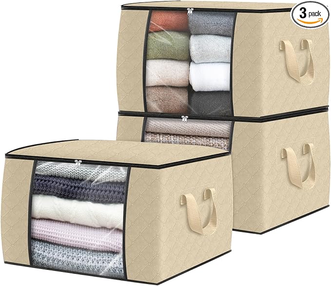 3 Pack Storage Bags for Clothes Blanket Storage Bins with Lids | Foldable Closet Organizers with Zippers,Window and Handles,Fabric Storage Bins for Sweater,Comforter,Bedding,Dorm essentials by Fabtotes