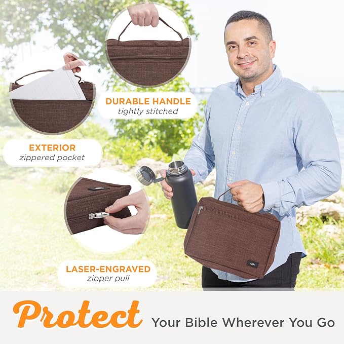 Christian Art Gifts Polyester Bible Cover for Men & Women w/Jesus Fish Patch, Secure Zipper Pocket, Pen Loops, Easy Carry Book Case for Stationery, Accessories, Brown, Large - Image 5