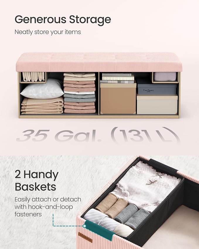 SONGMICS MAZIE Collection - Storage Ottoman Bench, Foldable Foot Rest, 15 x 43 x 15 Inches, End of Bed Bench, Storage Chest, Load 660 lb, Living Room, Bedroom, Entryway, Jelly Pink ULSF604R01 - Image 6