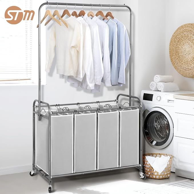 STORAGE MANIAC Laundry Sorter with Hanging Bar, Portable, Removable Laundry Hamper Cart with Heavy Duty Lockable Wheels and Removable Bags, Rolling Laundry Basket Organizer 181L, 4 Section Gray - Image 2