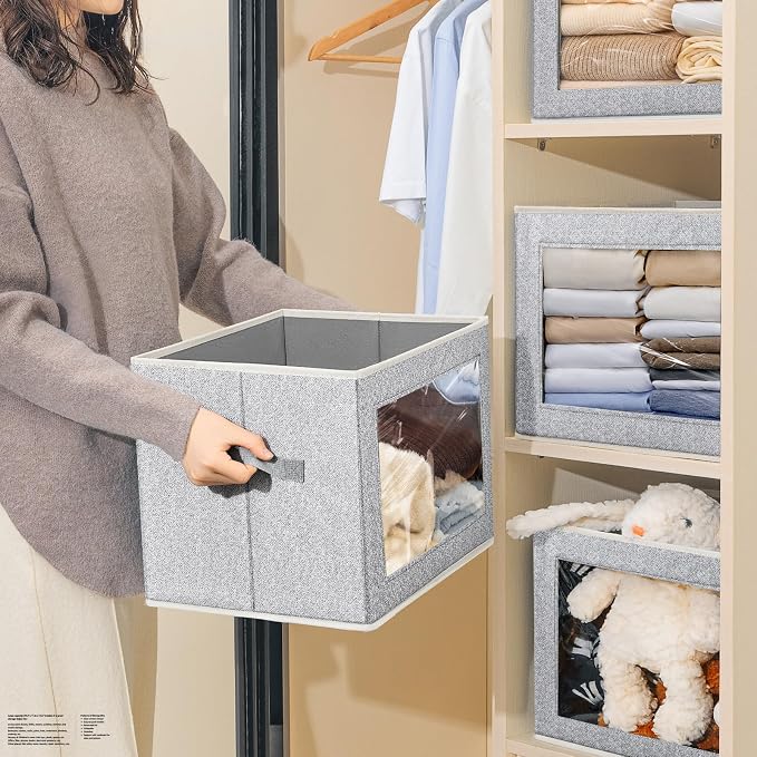 Fabric Storage Bins with Lids, Large Storage Cubes with Window, Fabric Storage Baskets Bins for shelves, Closet Storage Boxes for Clothes, Towel, Office, 4 Packs, Blended - Image 5