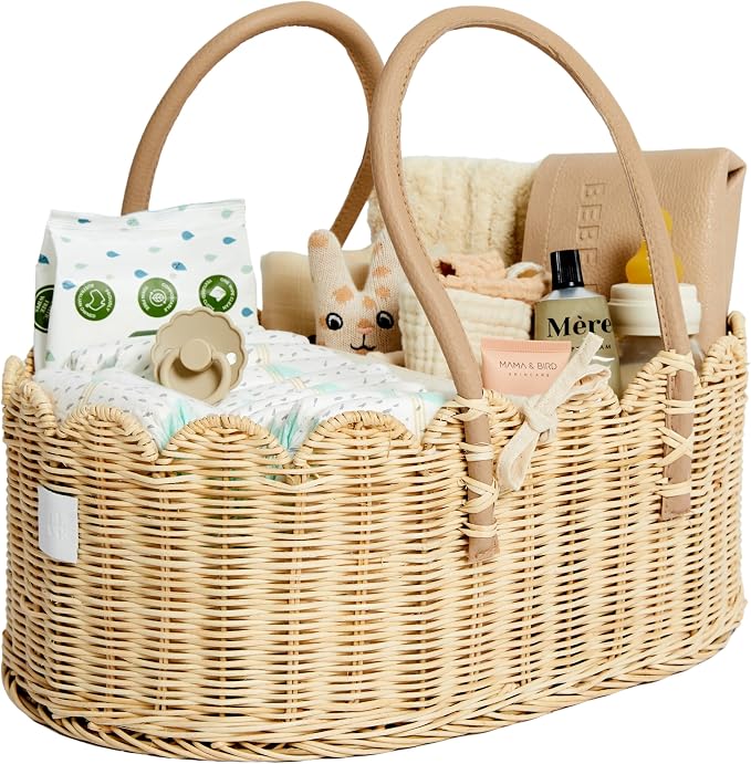 BEBE BASK Premium Baby Diaper Caddy Organizer - Scalloped Rattan Basket | Handmade & Award-Winner, Elegant Scalloped Edge, Newborn Essentials, Nursery Basket, Removable Divider, Baby Shower (Natural) by BEBEBASK%C2%AE