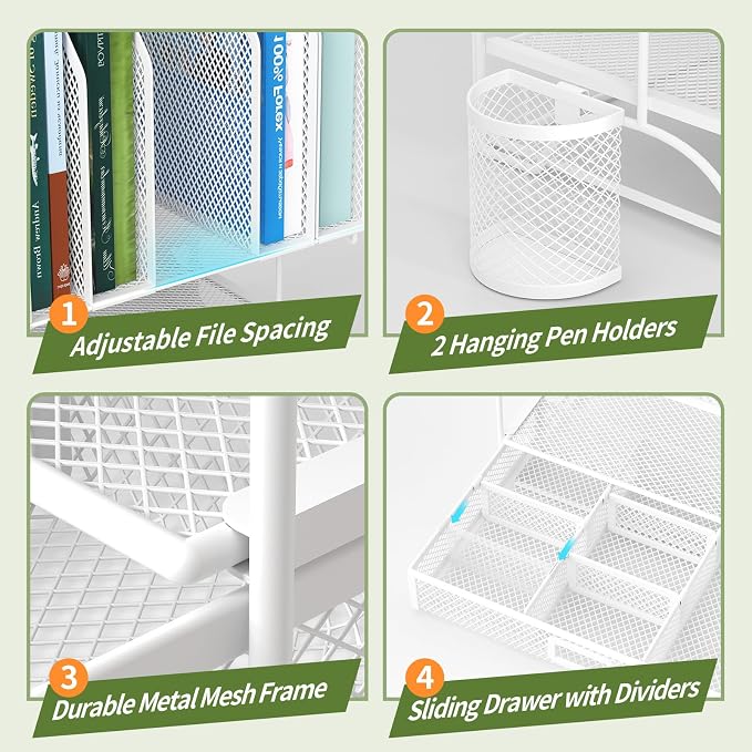 FANXIYQ Metal Desk Organizer with Sliding Drawer, 7-Section File Organizer for Desk, Desktop File Folder & Paper Organizer with 2 Hanging Pen Holders, Office Supplies Organizer, White - Image 7