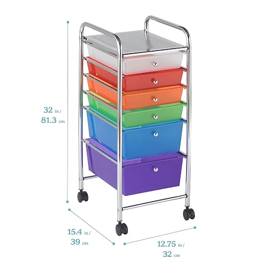 ECR4Kids 6-Drawer Everyday Rolling Utility Storage Cart, Mobile Organizer, Assorted | Durable plastic bins, steel frame, GREENGUARD Gold Certified, 50 lb capacity, rolling casters, craft supplies, office, home - Image 3