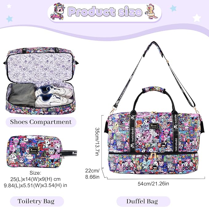 tokidoki Travel Duffle Bag, Weekender with Shoe Compartment Toiletry Bag | many compartments: laptop sleeve, wet-dry pocket, trolley sleeve. Includes toiletry bag. Carry-on. - Image 2