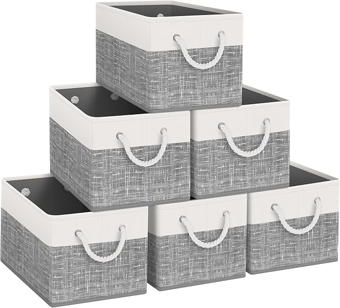 Storage Bins 6-Pack, Foldable Storage Baskets for Organizing Toys, Books, Shelves, Closet, Large Storage Box with Rope Handles, Sturdy Organizer Bins, White & Grey by Fabtotes