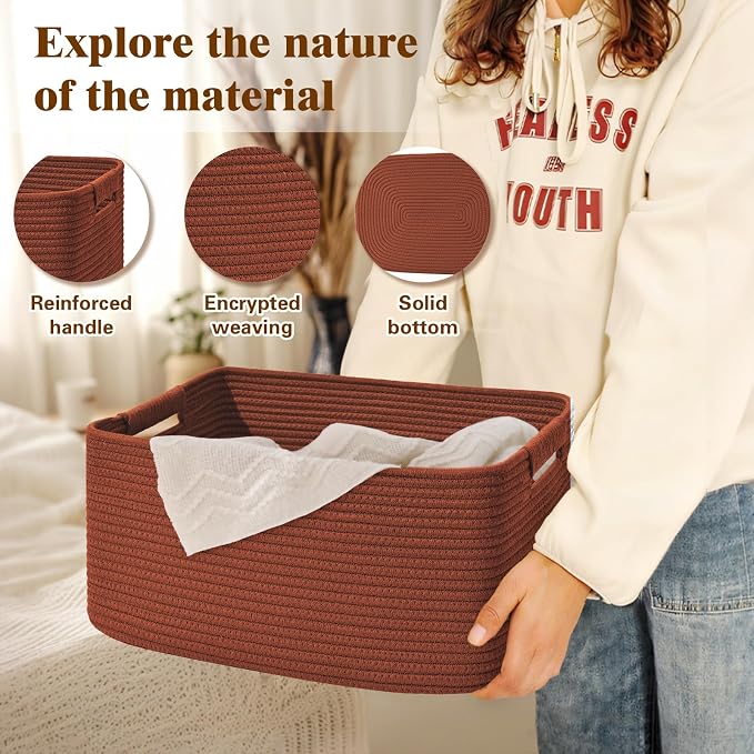 3 Pack Large Storage Basket for Organizing, 17.5"x13"x7" Woven Basket for Shelves, Closet Cube Storage Bins with Wrapped Handle, Cotton Rope Baskets for Kitchen, Clothes, Toys(Oxide Red) - Image 3