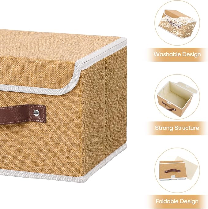 ANMINY Fabric Storage Box Bins with Lids, Khaki, 10"x8"x7", 2 Pack | Keepsake Memory Storage, Cotton Linen, PP Board Reinforced, Washable, PU Handles, Foldable & Stackable, Decorative, Small - Image 4