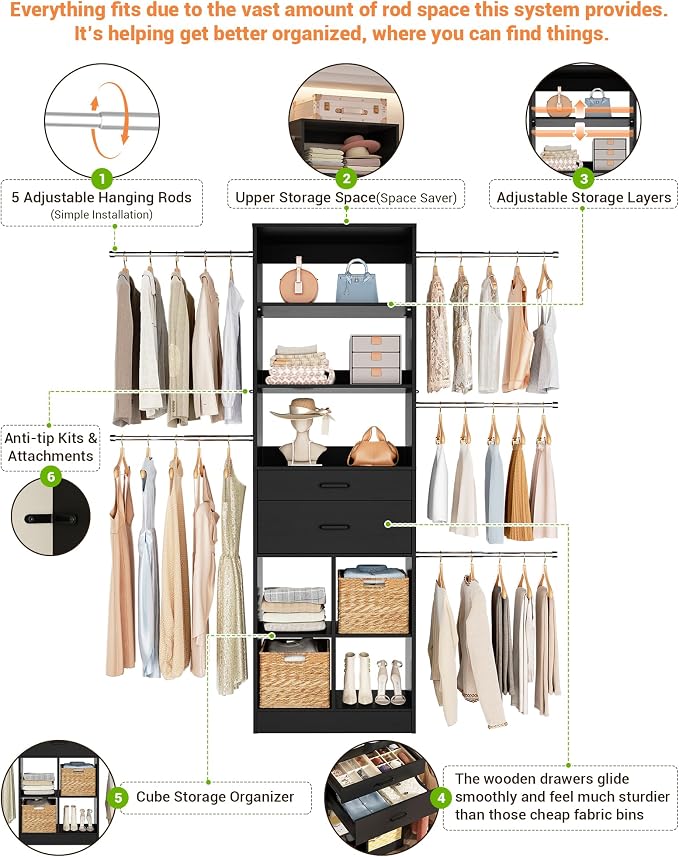 Besiost Small Closet System, 3.2-6.8FT Small Closet Organizer with 5 Hanging Rods, Can Fit 37.5 to 81.9 inch Walk-in Closet System, Built-in, Black, Enclosed Storage Volume 2.32 ft³ - Image 5