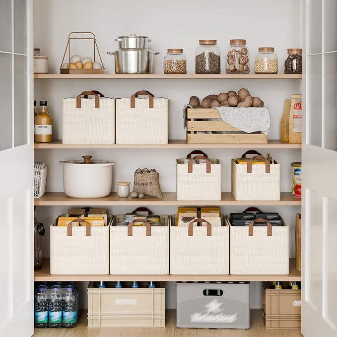StorageWorks Closet Storage Bins, Shelves Baskets, Beige, 2-Pack | With Reinforced PU Handles, Sturdy Metal Frame, Collapsible, Basket for Shelves, Closet, Holds Clothes, Towels, Blankets - Image 3