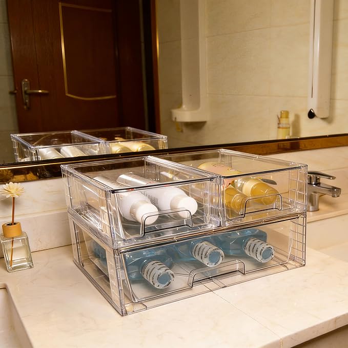 Wide Large Stackable Storage Drawers(2 Pack),Multi-purpose Clear Plastic Organizer Bins with Handles, Easy to Assemble for Bathroom Home Closet Under Sink Kitchen Pantry Medicine Cabinet - Image 2