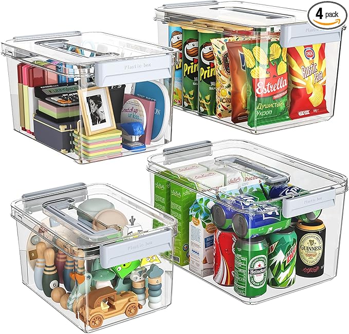 Plastic Storage Bins with Lids Stackable organization and Storage Containers for Organizing Snacks, Crafts, Tools Clear Storage Box with Latching handle(Clear, 2PCS-4.5QT 2PCS-8.5QT) by MAGDESIGNER