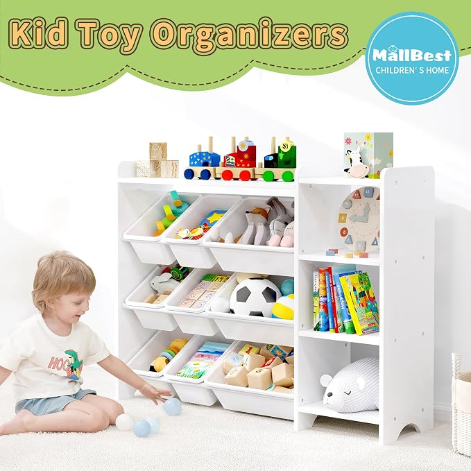 MallBest Kids Toy Storage Organizer with Bins, Solid Pine Wood Frame Toy Storage Cabinet and Kids Bookshelf, 3-Tier Playroom Organizer for Kids Room, Nursery and Bedroom, White - Image 3