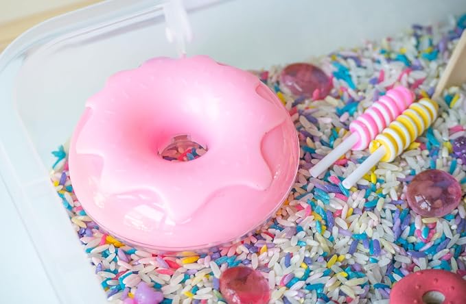 Sweets Shop Sensory Bin Kit for Kids | Bright Rainbow Rice, Candy Erasers, Donut Containers & Wooden Tools – Includes Clear Storage Bin - Image 6