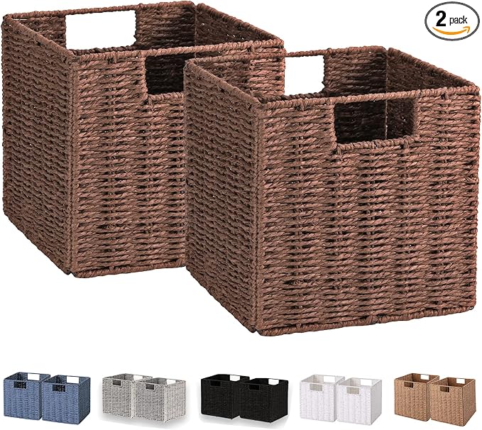 Wicker Storage Basket, Set of 2 Hand-Woven Storage Baskets for Shelves, Foldable Cube Storage Baskets Bins with Handles, 9 inch Small Wicker Baskets for Organizing Pantry Bedroom, Brown by Vagusicc