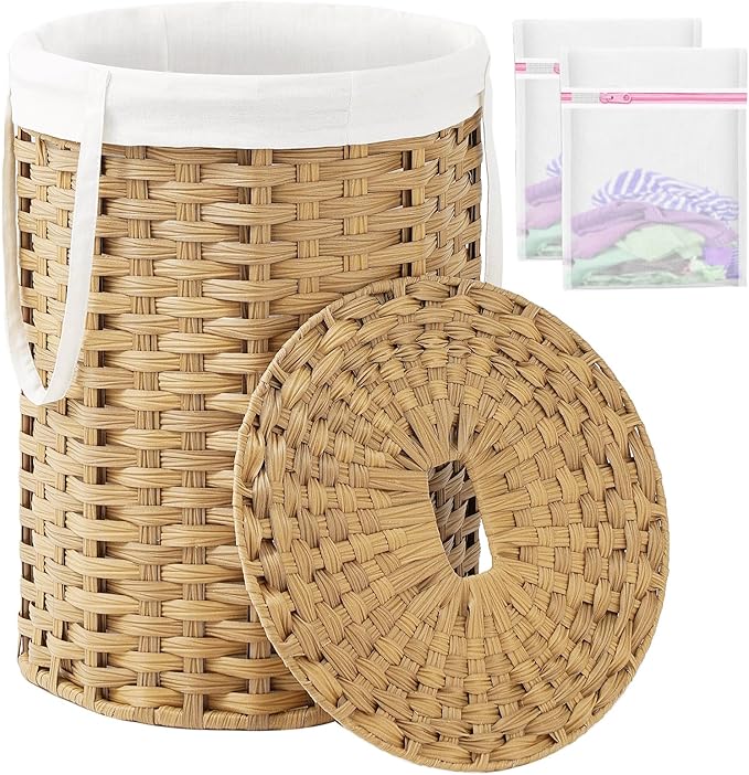 SETVSON Laundry Hamper with Lid Laundry Basket with Lid 72L, Natural | 19 Gal Round PE Rattan Hamper with Lid, Removable Washable Liner Bag, 2 Mesh Wash Bags, Steel Frame, Handles by SETVSON