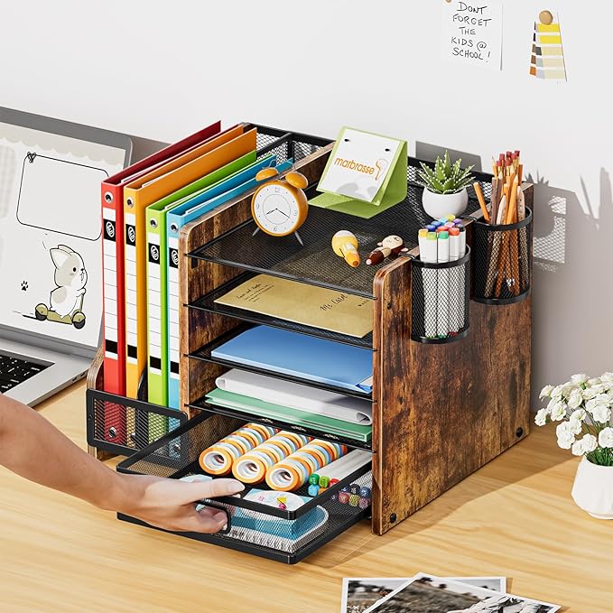 Marbrasse Desk Organizer with File Holder, 5-Tier Paper Letter Tray Organizer with Drawer and 2 Pen Holder, Mesh Desktop Organizer and Storage with Magazine Holder for Office Supplies (Wood-Brown) - Image 5