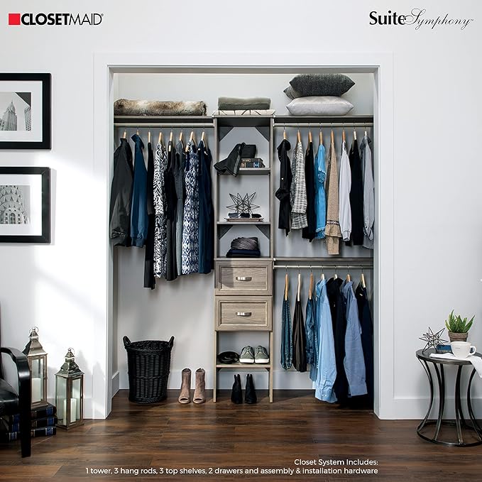 ClosetMaid SuiteSymphony Wood Closet Organizer Kit with Tower, 3 Hang Rods, Top Shelves, 2 Drawers, Adjustable, Fits Spaces 5-9 ft. Wide, Graphite Grey - Image 2
