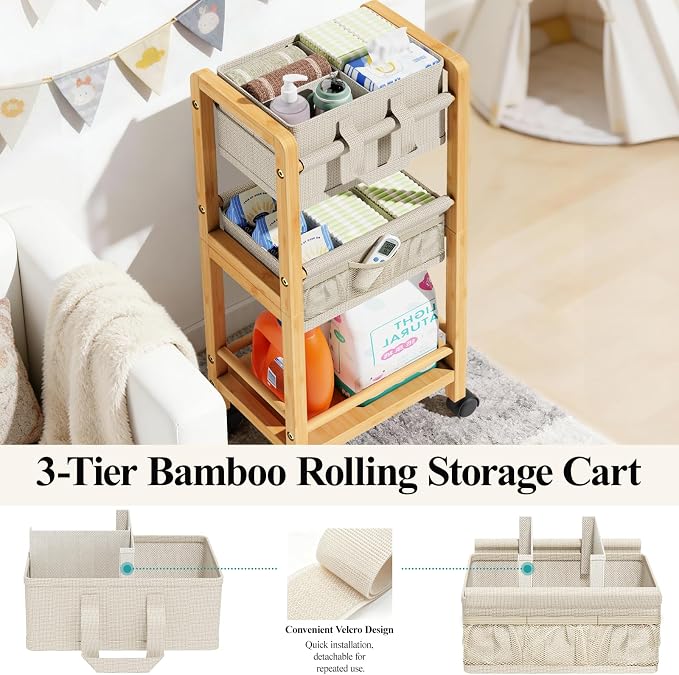 Bamboo Diaper Caddy Cart with Wheels - 3-Tier Rolling Storage，Beige | Removable bins, side pockets, sturdy handle, smooth wheels. For nursery, living room, laundry, pet. Natural bamboo, versatile - Image 7