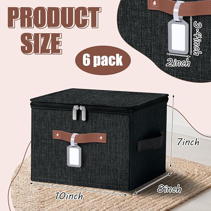 6 Pack Fabric Bins with Lids, 10 x 8 x 7 Inch Fabric Storage Bins with Zipper Lids and Labels, Decorative Foldable Storage Cubes with Handles for Closet Nursery Shelf Organization, Black - Image 2