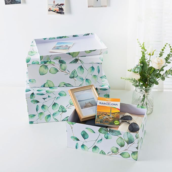 Soul & Lane - Eucalyptus Decorative Storage Boxes with Lids, Set of 3 | Large Nesting Cardboard Keepsake Boxes for Memories, Photos and Gifts, Pretty Leaves Print Containers for Home Decor - Image 3