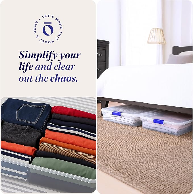 HOMZ 2-Pack Under Bed Storage, Clear Plastic Containers with Lids, 56 Quart, Blue Latch - Stackable Underbed Organizer Bins for Shoes, Bags, Clothes, and Towels - Image 6