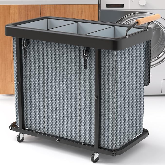 Laundry Hamper 3 Section with Lid,230L Rolling Dirty Clothes Hamper Grey | Laundry Basket with Wheels,Laundry Organizer Storage Cart with Sturdy Metal Frame and Wooden Handle for Laundry Room, Hotel by Unlockyourhomestoragelife
