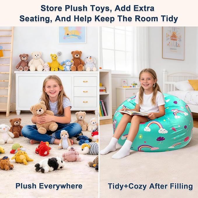 Lukeight Stuffed Animal Storage Bean Bag Chair Cover for Kids, Velvet Plush Toy Organizer Seat, Cover Only, No Filling Included, Long YKK Zipper, Side Pocket, X-Large 30"D x 18"H - Image 3