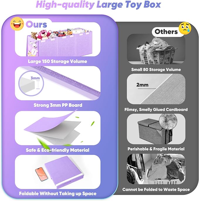 Extra Large Toy Box, Collapsible Toy Storage Organizer, 40"x16"x16", Purple | Sturdy Kids Toys Bin Chest with 2 Pockets and Dividers for Boys Girls, Dust-Proof, Nursery Bedroom Organization - Image 5