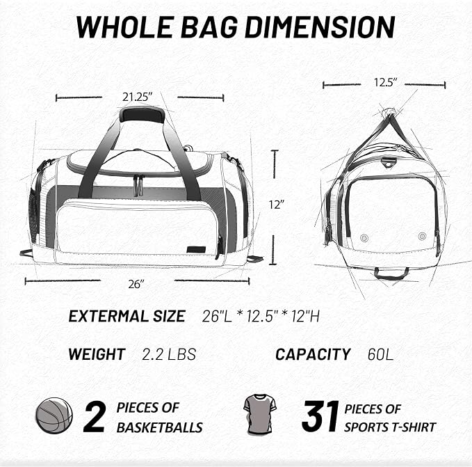 MIER Large Gym Bag for Men 60L Duffel Bag with Shoe Compartment | Lightweight & Durable Sports Duffles; Suited for Workout Fitness Travel Weekender; Water Resistant; Adjustable Shoulder Strap - Image 6