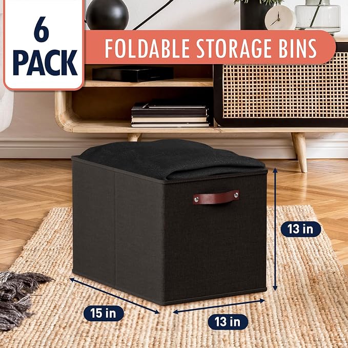 Ornavo Home 13x15x13 Foldable Fabric Storage Cube Bins, 6 Pack, Black | Collapsible Linen Shelf Basket Organizer; Leather Handles; Fits Cube Storage Shelving Units - Image 3