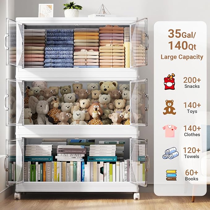 BROVIEW V60 700QT Plastic Stackable Storage Bins with Lid, 5Pack White | 175Gal Extra Large Closet Organizers Collapsible Cabinets Boxes With Drawer, Foldable Container with 4x Wheels for Home - Image 3