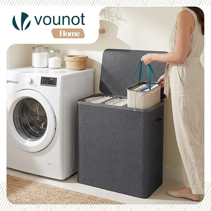 VOUNOT® 170L Laundry Basket with Lid, Rectangular 3 Compartment Laundry Hamper with Removable Bags & Handles, Foldable Laundry Bin for Bedroom, Bathroom, Utility Room, Anthracite - Image 5