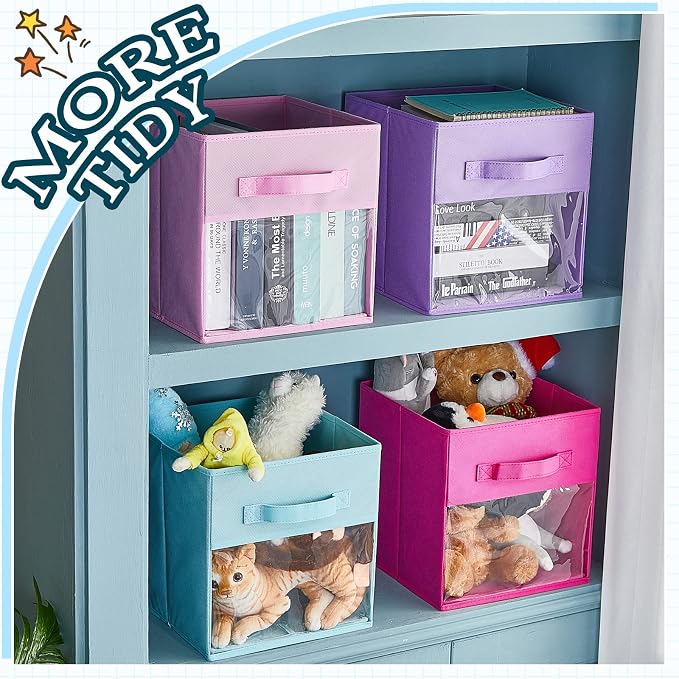 Marsui 12 Pcs Clear Cube Storage Bins 11 Inch Pink Collapsible Kids Storage Bins Fabric Classroom Organizer with Window for Kid Playroom Room Daycare Nursery(Blue, Purple, Rose, Pink) - Image 6