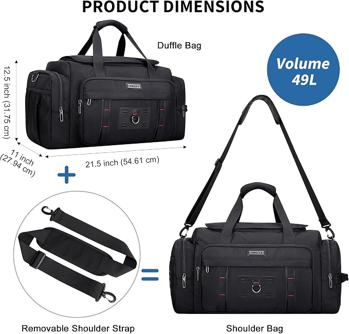 WITZMAN Duffle Bag for Men Large 49L Convertible Nylon Travel Sports Bag | With Shoe Compartment and Dry-wet Pocket, Fits 16" Laptop, Carry On, For Gym, Weekender, Overnight Trips, B719 Black - Image 5