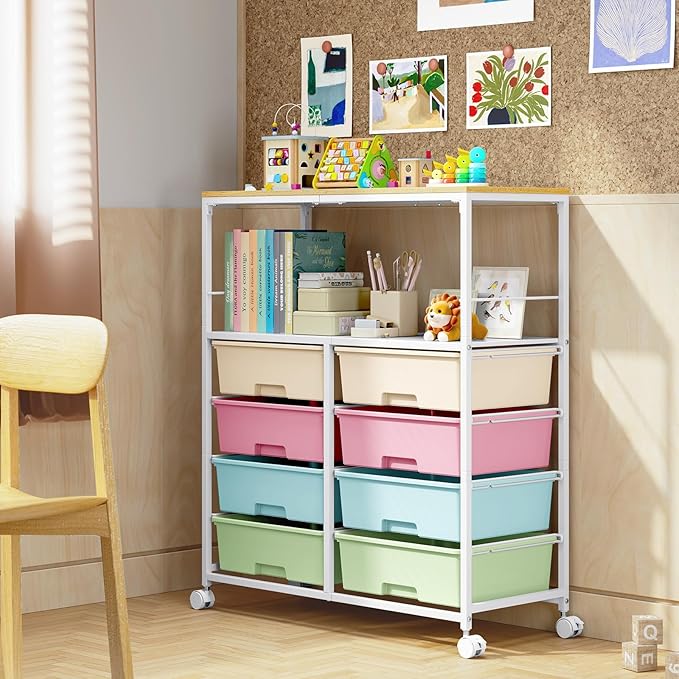 Rolling Storage Cart with 8 Large Drawers,Wooden Tabletop | Open Storage Shelves, Mobile Craft Organizer with Lockable Wheels for Home, Classroom, Office Supplies & Art Studio,Colorful - Image 7