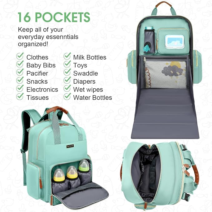 Diaper Bag Backpack with Changing Station, Baby Diaper Organizer Travel Bag | Large Capacity Diaper Bag for Moms Dads - Fold Out Changing Pad, Insulated Pockets, Stroller Straps, Baby Eessentials - Image 2