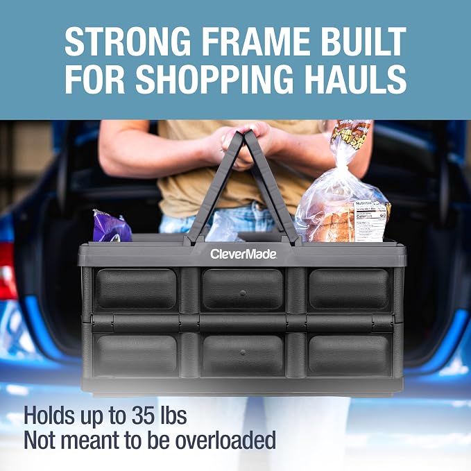 CleverMade Collapsible Shopping Basket, 32L Storage Crate, 3 Pack, Stone | Carry Bigger Grocery Hauls with Confidence | Rigid Walls Hold 35 lb, While Top and Side Handles Balance the Load - Image 2