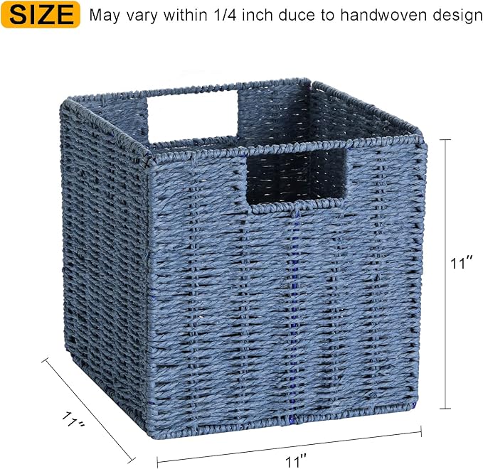 Wicker Baskets for Storage, Set of 4 Hand-Woven Wicker Storage Baskets for Shelves, Cube Storage Baskets Bins with Handles, Wicker Basket for Organizing Pantry Bedroom, Blue - Image 3