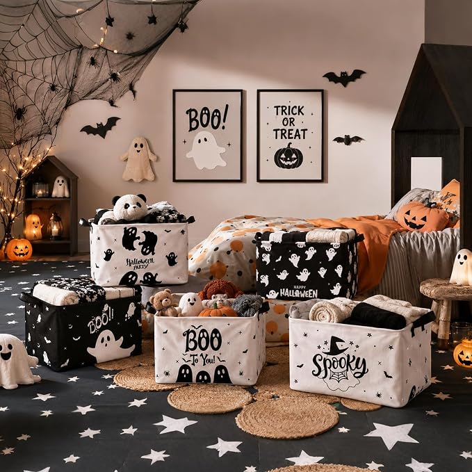 CHENGU 6 Pack Halloween Storage Basket Ghost Gift Basket for Holiday Decor Collapsible Shelf Baskets Cube with Handle for Home Office Bedroom Dorm Closet Shelf - Image 5