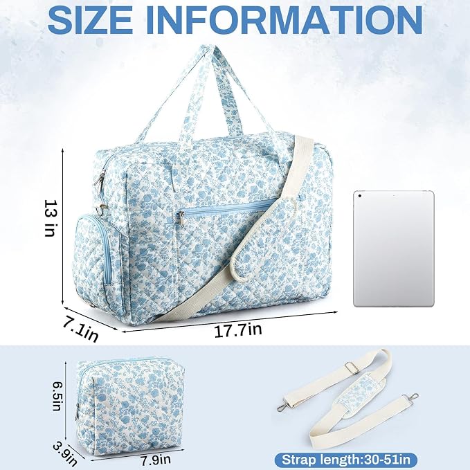 Abbylike Hospital Bag for Women, Quilted Weekender Duffle Bag,Blue Floral - Image 2