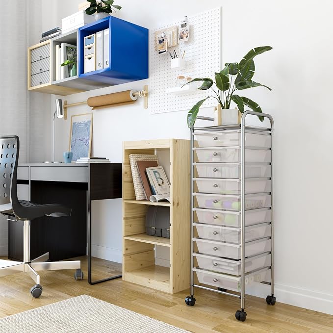 Seville Classics Rolling Utility Organizer Storage Cart, for Home Office, School, Classroom, Scrapbook, Hobby, Craft, 10 Drawer, Frost White - Image 2