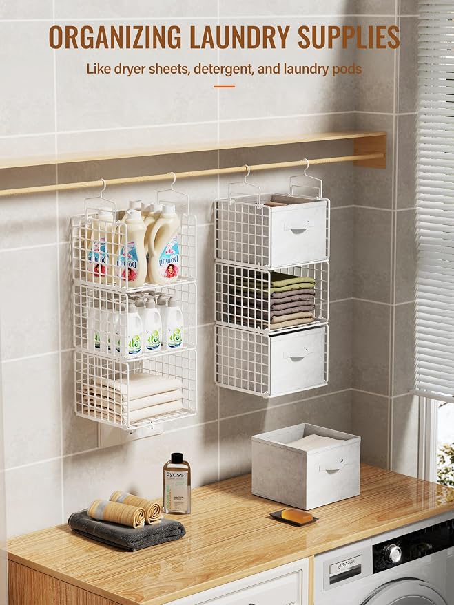 Closet Hanging Organizer with Drawers, 6 Tier Metal Closet Organizers and Storage with 4 Hanging Hooks 4 S-Hooks for Wardrobe Laundry Room, Wire Storage Shelf for Clothes Sweaters Pants (White) - Image 6